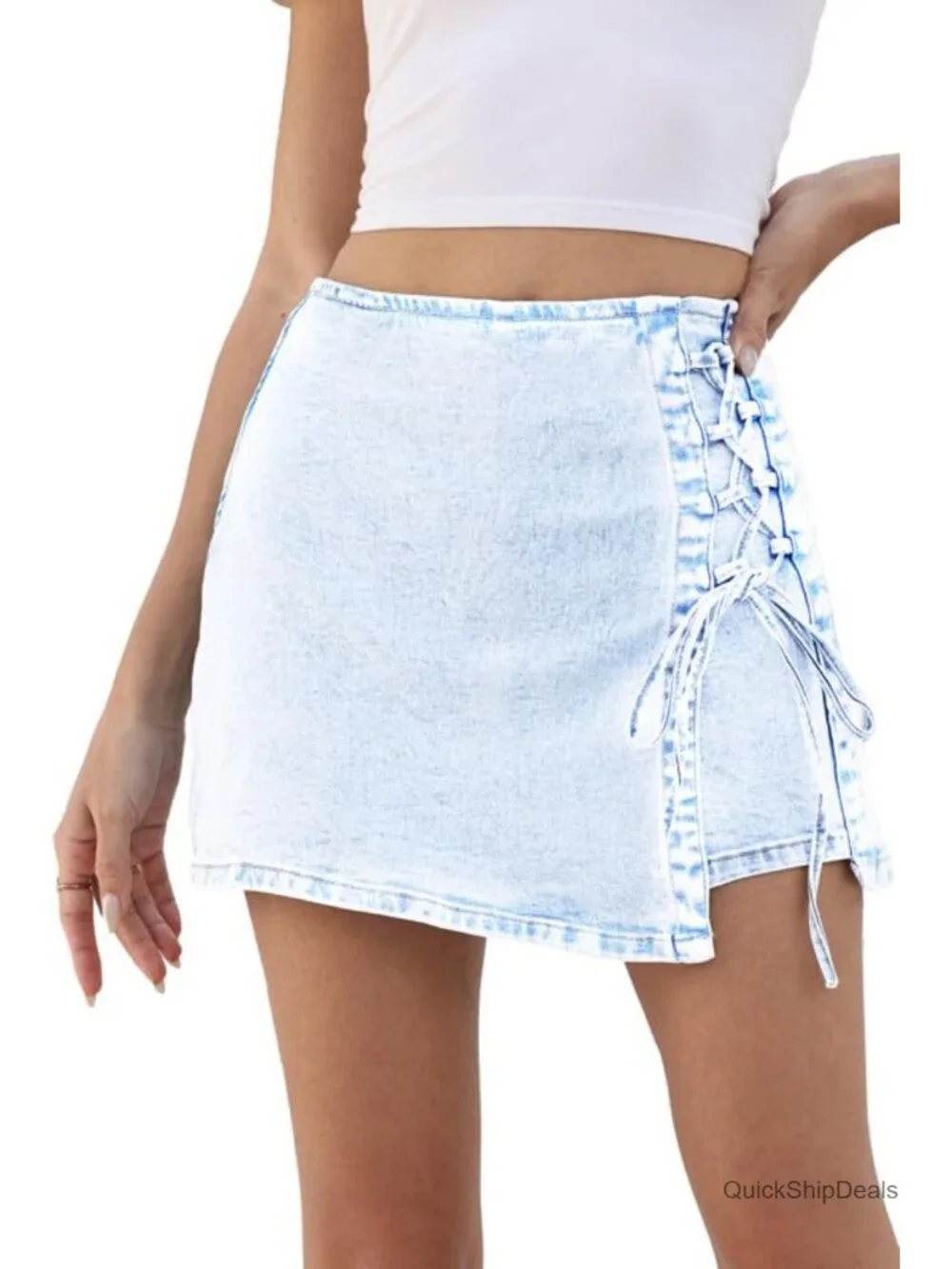 Y2K Stretch Denim Skort Lace Up Mini High Waisted White